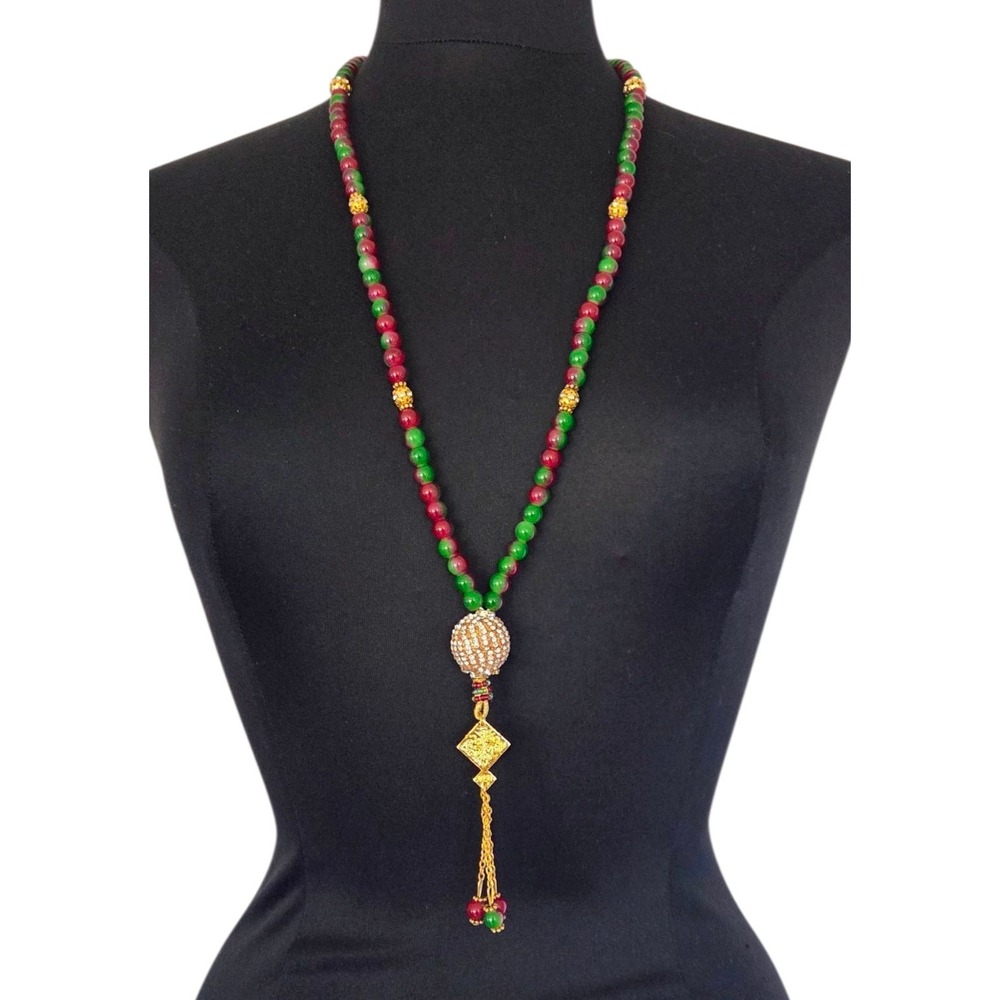 Islamic Green & Red‎ Glass Beaded Necklace Tassel Tasbih 99 Beads Ethnic 31"